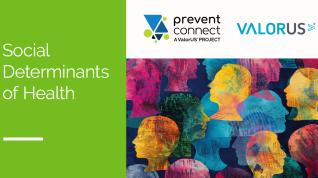 Avocado green rectangle with white letters reading Social Determinants of Health, next to a graphic with different colored silhouette images of a person's profile, beneath a white rectangle with Prevent Connect and ValorUS logos